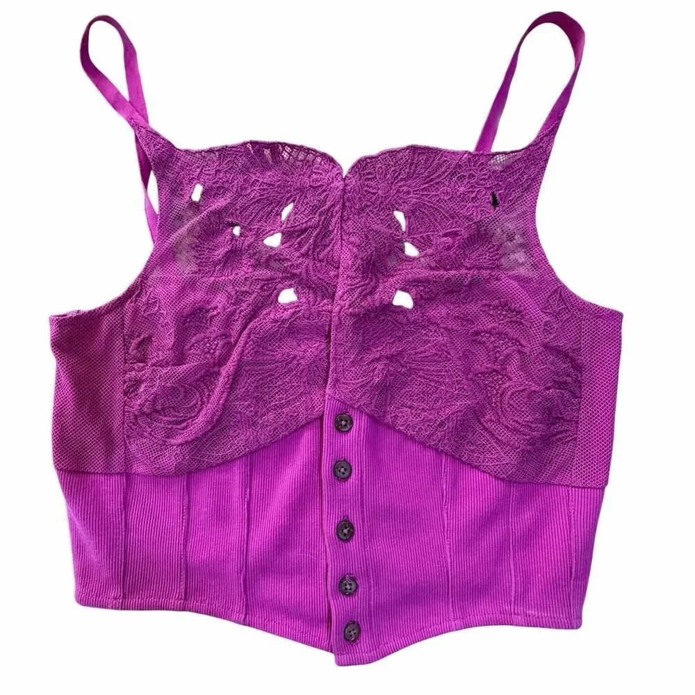 Free People Have My Heart Tank Top XS Raspberry Sorbet Lace Crop Babydoll Cami